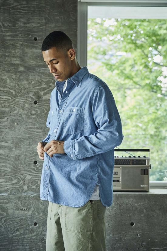  오어슬로우 셔츠 오슬로 릴렉스 핏 스트라이프 샴브레이 작업 - ORSLOW