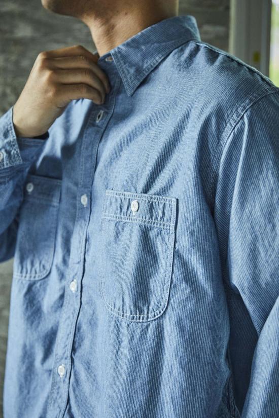  오어슬로우 셔츠 오슬로 릴렉스 핏 스트라이프 샴브레이 작업 - ORSLOW