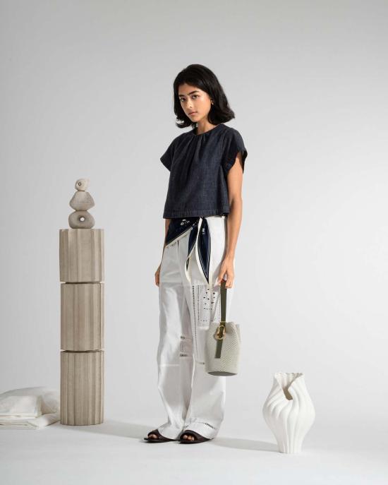  퓨처 클래식스 블라우스 퓨처 클래식 개더드 넥 데님 탑 다크 인디고 - FUTURE CLASSICS