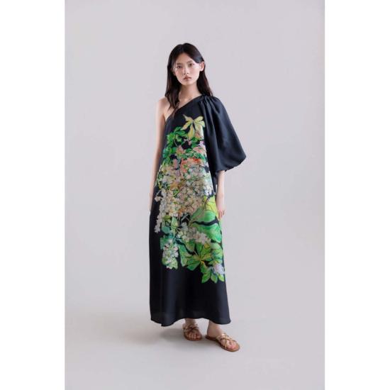  필로소피아 롱 원피스 프소피아 수국 브러시 원숄더 비대칭 실크 드레스 블랙 - PSOPHIA
