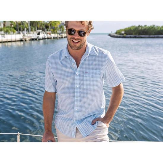  크리켓 셔츠 반팔 코듀로이 진주 스냅  깅엄 프린트/스카이