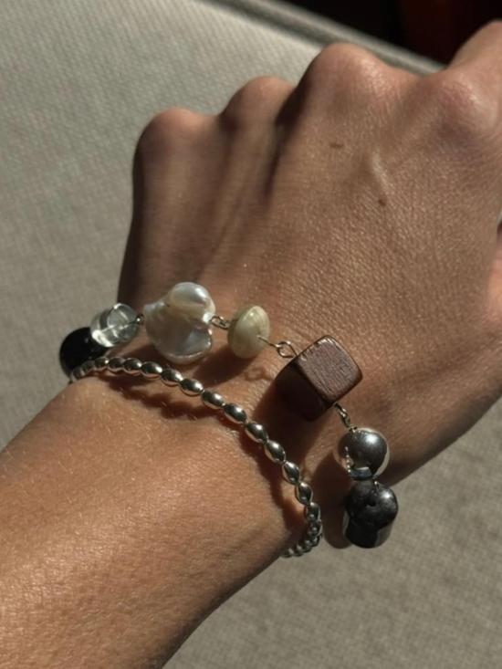  씨 앤 패턴 팔찌 바다 + 패턴 타원형 스털링 실버 비즈 - SEA & PATTERN