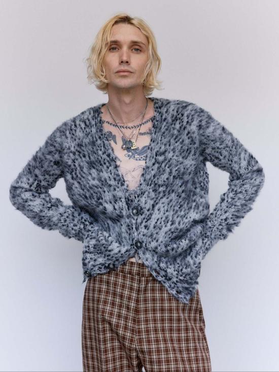  마르니 가디건 블랙 & 화이트 브러시드 알파카 부클