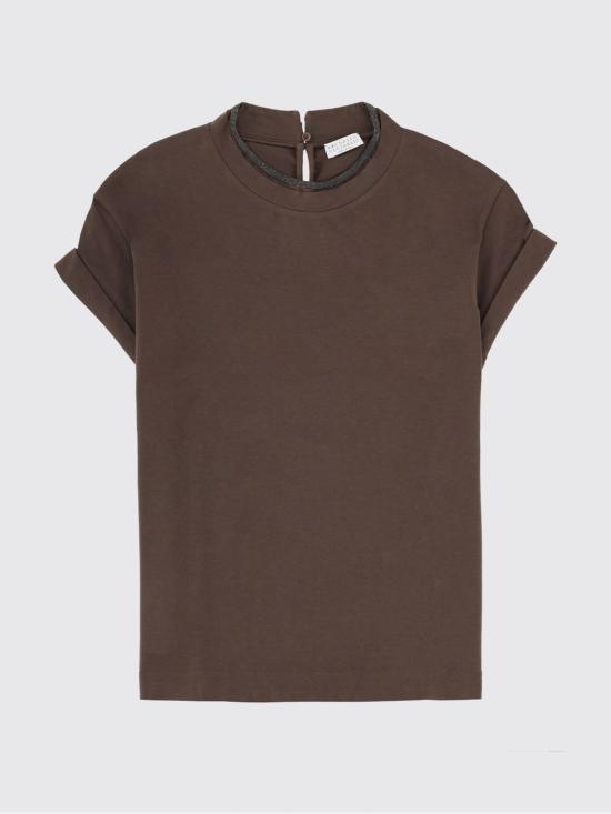 26SS 브루넬로 쿠치넬리 콘트라스트 트림 코튼 티셔츠 M0T18BD200 C8589 Brown - BRUNELLO CUCINELLI