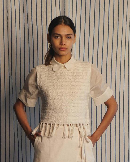  PROCHE 민소매 티셔츠 프로쉬 프린지 밑단 크로셰 조끼 크림 - OTHER BRANDS