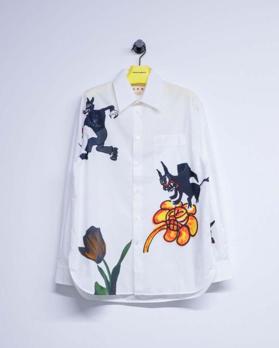  마르니 긴팔 셔츠 마니 릴리 화이트 울프 & 튤립 프린트 - MARNI
