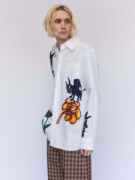  마르니 긴팔 셔츠 마니 릴리 화이트 울프 & 튤립 프린트 - MARNI