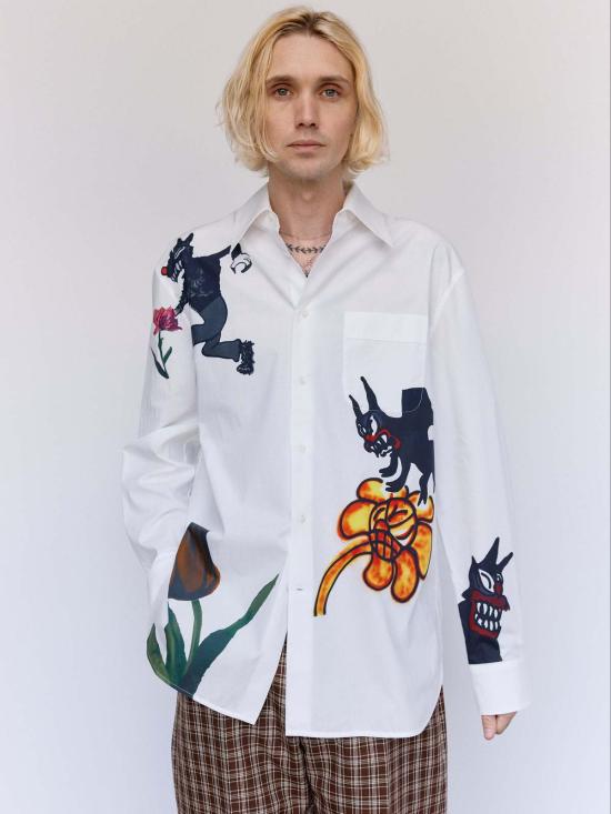  마르니 긴팔 셔츠 마니 릴리 화이트 울프 & 튤립 프린트