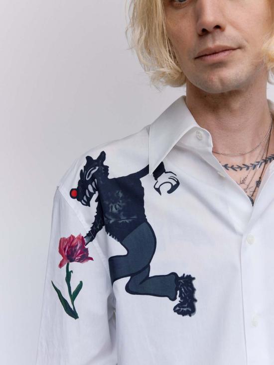  마르니 긴팔 셔츠 마니 릴리 화이트 울프 & 튤립 프린트 - MARNI