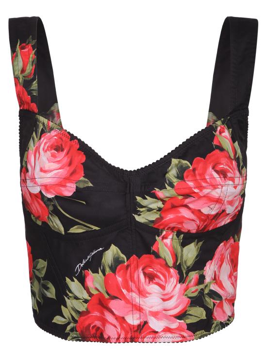 26SS 돌체앤가바나 로즈 부케 프린트 코튼 뷔스티에 탑 F7BB1T HS5UT HN5ZN Black