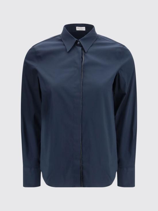 26SS 브루넬로 쿠치넬리 스트레치 코튼 포플린 샤이니 트림 셔츠 M0091MA626 C4224 Ocean - BRUNELLO CUCINELLI