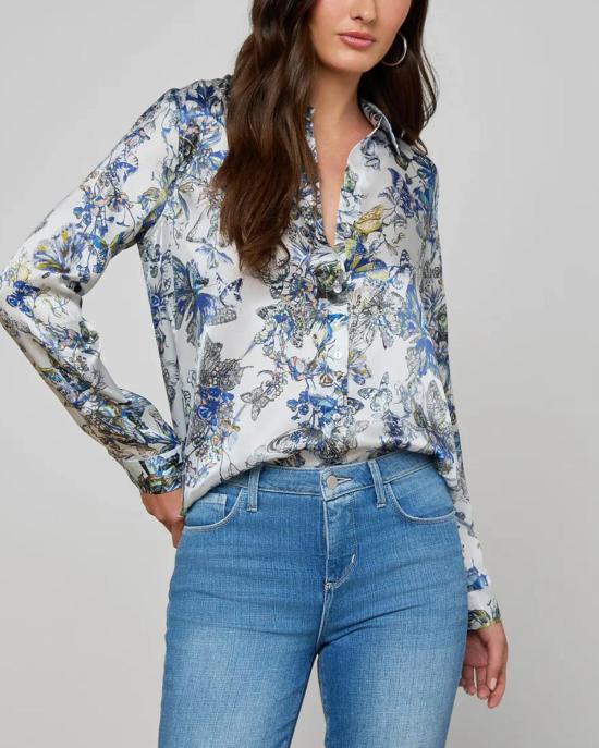  라장스 블라우스 타일러 긴팔  그레이 멀티 수채화 나비 - L'AGENCE