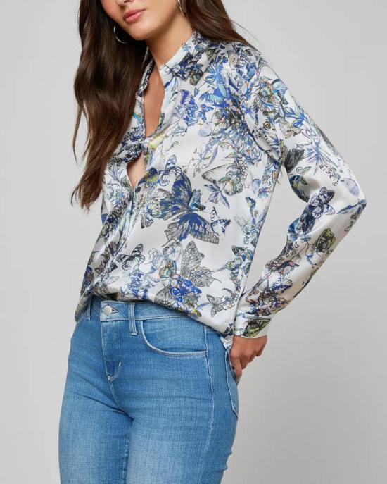  라장스 블라우스 타일러 긴팔  그레이 멀티 수채화 나비 - L'AGENCE