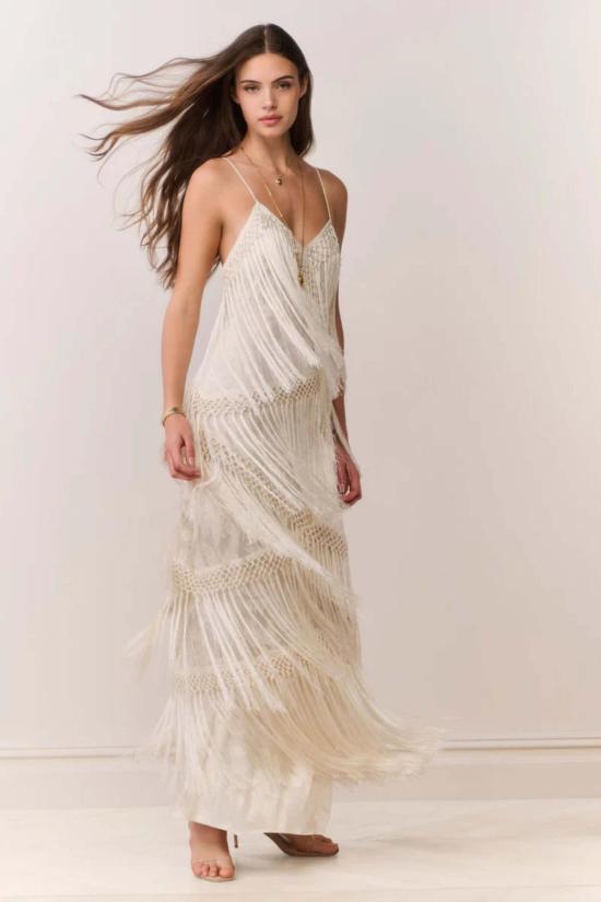  러브쉐이크팬시 롱 원피스 러브쉑 팬시 델피 프린지 레이스 가운 아이보리 - LOVESHACKFANCY