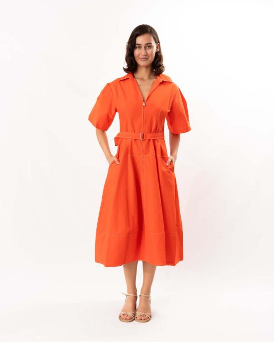  조나단 심카이 롱 원피스 Jonathan Simkhai 메리디스 코튼 미디 드레스 랍스터 - JONATHAN SIMKHAI