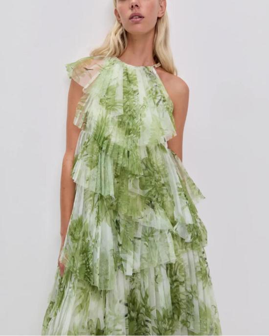  에이지 롱 원피스 아제 웨슬린 가운 올리브 네이티브 플로럴 - AJE