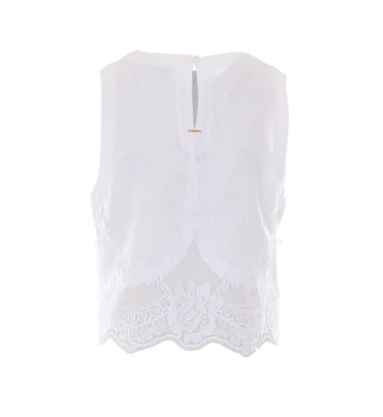  트윈셋 민소매 티셔츠 레이스 장식이 있는 린넨  탑 (화이트) - TWINSET