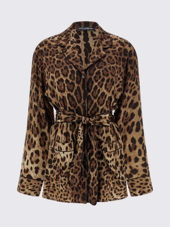 26SS 돌체앤가바나 레오파드 프린트 새틴 벨티드 파자마 셔츠 F5I89TFSAXY HY13M Brown - DOLCE & GABBANA
