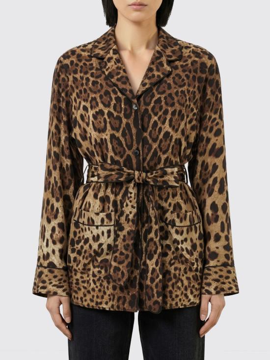 26SS 돌체앤가바나 레오파드 프린트 새틴 벨티드 파자마 셔츠 F5I89TFSAXY HY13M Brown