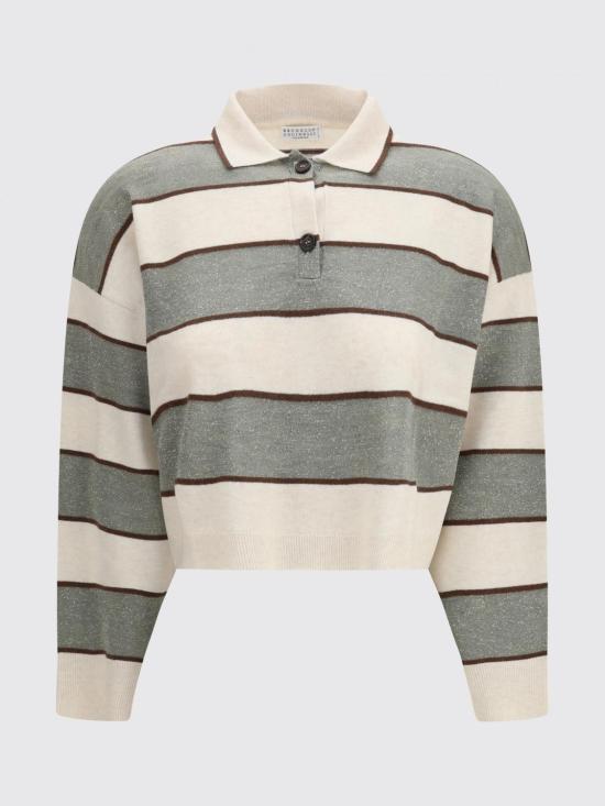 26SS 브루넬로 쿠치넬리 스파클링 스트라이프 크롭 니트 폴로 M16221605 CQU70 White - BRUNELLO CUCINELLI