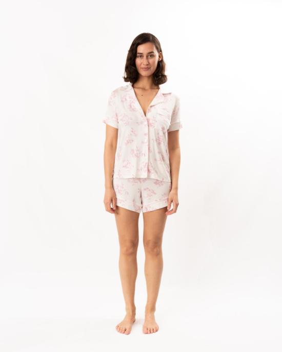 에버제이 라운지 웨어 지젤 프린트 릴렉스드 숏 파자마 세트 로즈 가든 카메오 핑크/페일 핑크