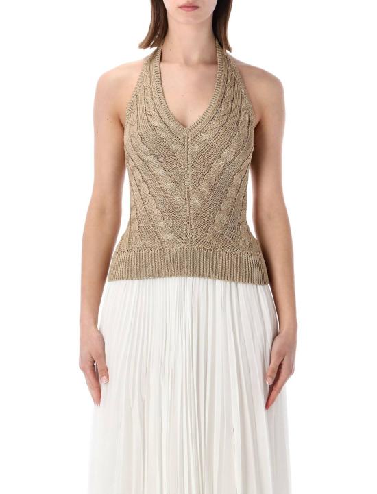  랄프 로렌 블라우스 케이블 니트 실크 홀터탑 라이트 탄