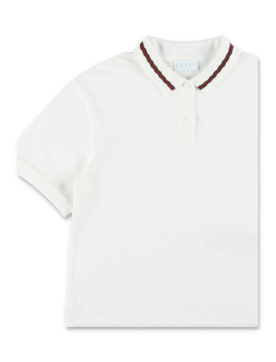  [키즈] 구찌 티셔츠 키즈 코튼 피케 웹 디테일 폴로 셔츠 새 상품 화이트 - GUCCI