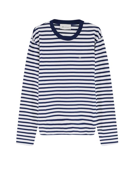  아미 긴팔 티셔츠 Ami Alexandre Mattiussi 스트라이프 패턴 코튼 티셔츠 Encre/Blanc