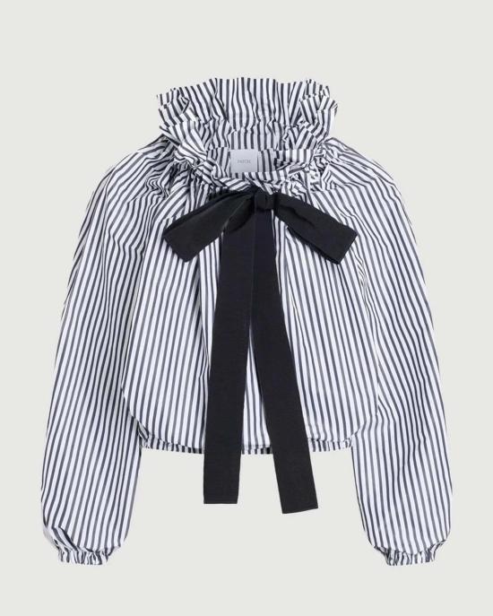  파투 블라우스 리사이클드 페일 롱 슬리브 크롭 탑 블루