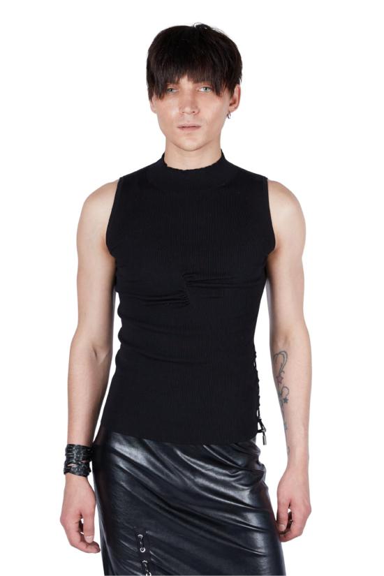  팡 뉴욕 민소매 티셔츠 팡 NYC 에센셜 러치드 조절 가능한 모크넥 탑