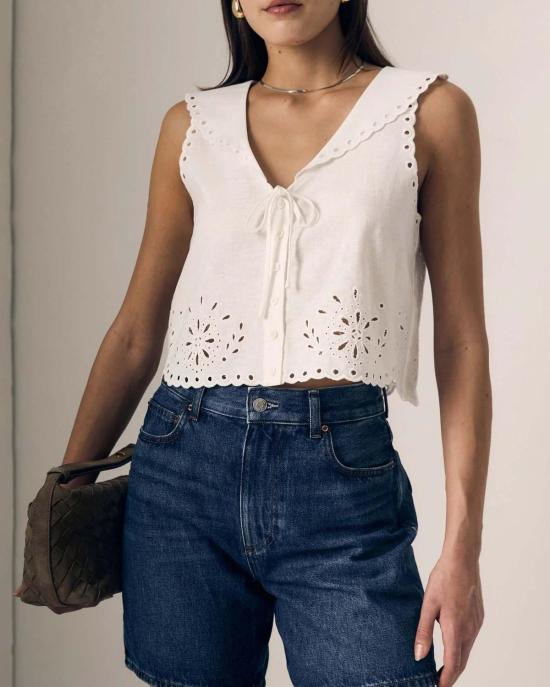  르장 블라우스 르 진 자수 아일렛 세일러 탑