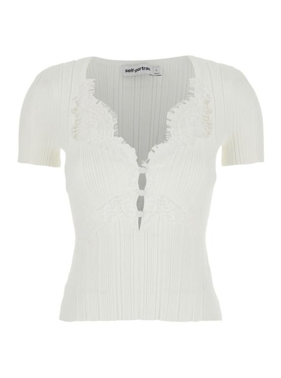  셀프 포트레이트 블라우스 레이스 트림 니트 탑 화이트