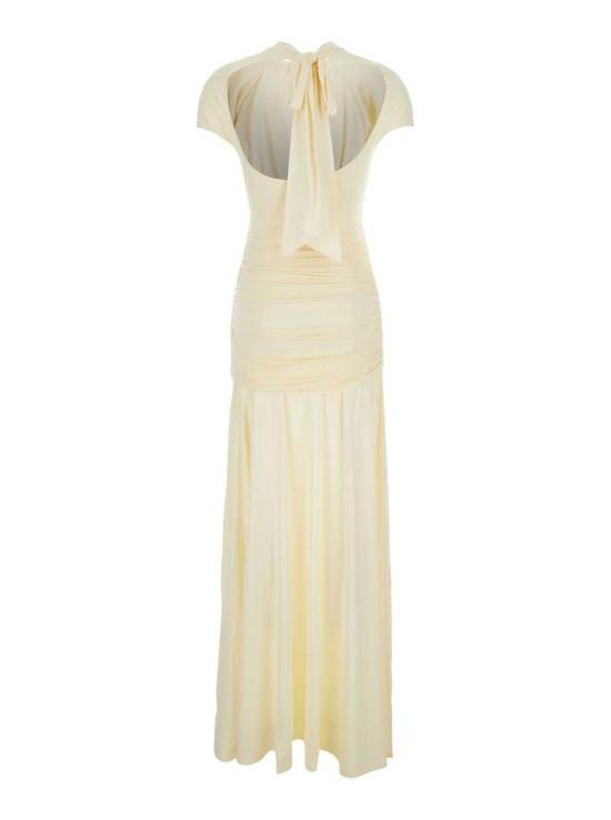  셀프 포트레이트 롱 원피스 드레이프 맥시 드레스 (V넥, 드레이프 디테일, 저지 옐로우) - SELF PORTRAIT