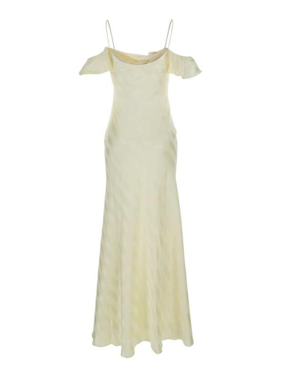  셀프 포트레이트 롱 원피스 새틴 스트라이프 맥시 드레스 (V넥, 옐로우) - SELF PORTRAIT