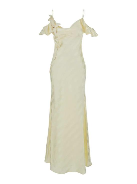  셀프 포트레이트 롱 원피스 새틴 스트라이프 맥시 드레스 (V넥, 옐로우)