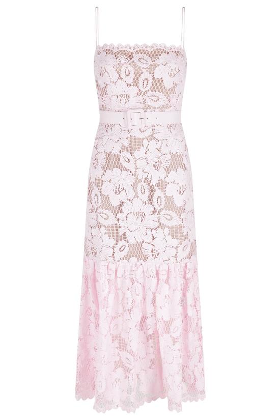  셀프 포트레이트 롱 원피스 레이스 미디 드레스 핑크
