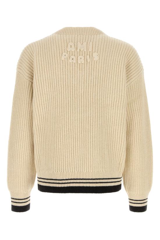 26SS 아미 립드 울 브이넥 아미 드 하트 스웨터 UKS864 KN0161 136 WHITE CREAM DOM - AMI