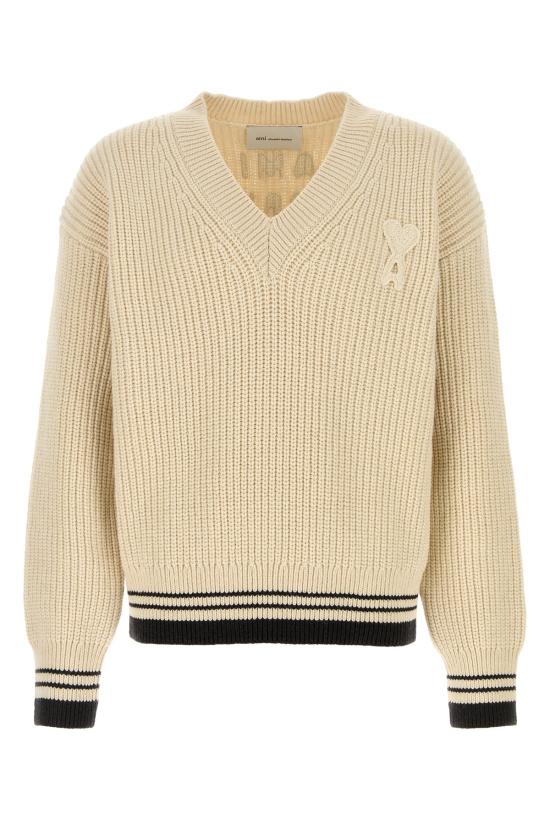 26SS 아미 립드 울 브이넥 아미 드 하트 스웨터 UKS864 KN0161 136 WHITE CREAM DOM