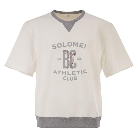 26SS 브루넬로 쿠치넬리 프린트 코튼 리넨 멜란지 플리스 반팔 티셔츠 MR8313378G WHITE GREY