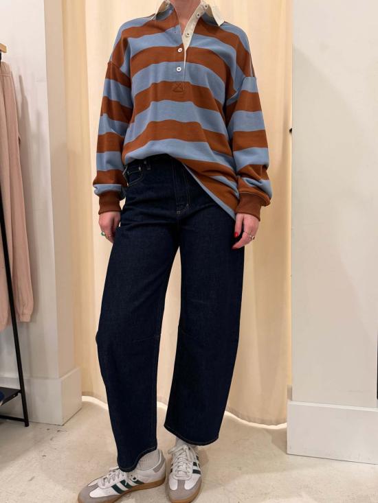  WAVEKELLY PRIVATE LABEL 긴팔 티셔츠 웨이브켈리 프라이빗 라벨 프렌치 테리 스트라이프 럭비  (블루/브라운 스트라이프) - OTHER BRANDS