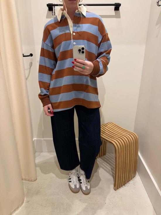  WAVEKELLY PRIVATE LABEL 긴팔 티셔츠 웨이브켈리 프라이빗 라벨 프렌치 테리 스트라이프 럭비  (블루/브라운 스트라이프) - OTHER BRANDS