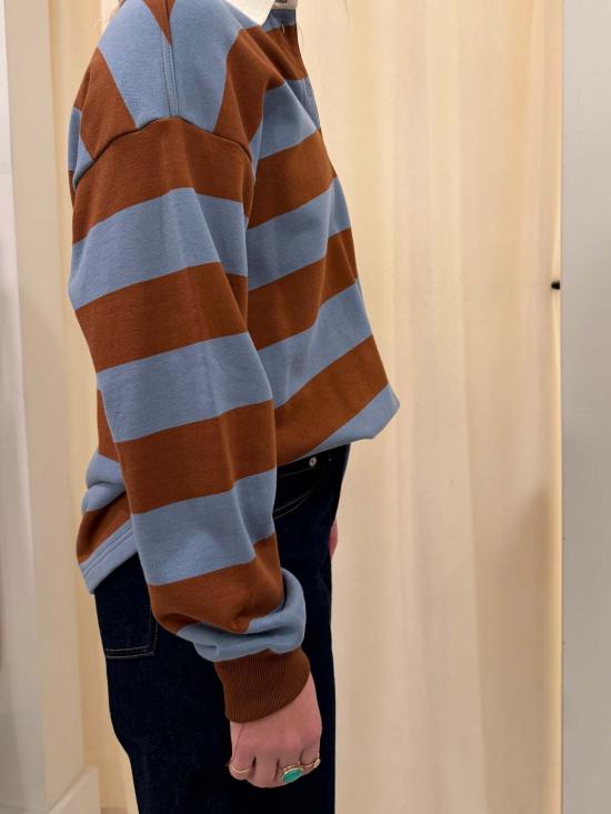  WAVEKELLY PRIVATE LABEL 긴팔 티셔츠 웨이브켈리 프라이빗 라벨 프렌치 테리 스트라이프 럭비  (블루/브라운 스트라이프) - OTHER BRANDS