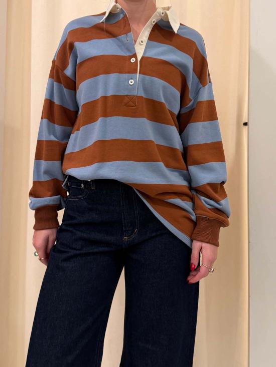  WAVEKELLY PRIVATE LABEL 긴팔 티셔츠 웨이브켈리 프라이빗 라벨 프렌치 테리 스트라이프 럭비  (블루/브라운 스트라이프)