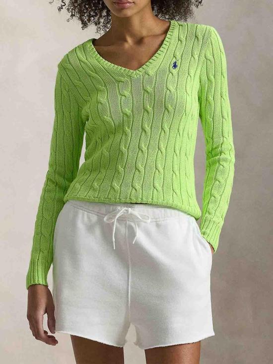 26SS 폴로 랄프로렌 포니로고 피마 코튼 케이블 니트 V넥 스웨터 211971870505 Green - POLO RALPH LAUREN