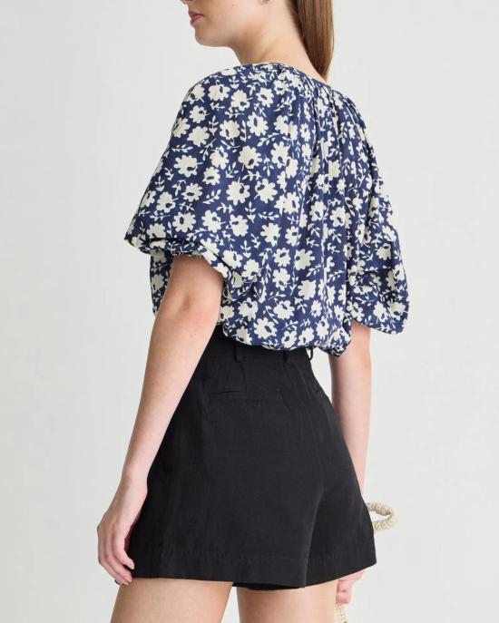  어피스 어파트 블라우스 Apiece Apart Nele Lantern Sleeve Top Navy Floral Stamp - APIECE APART