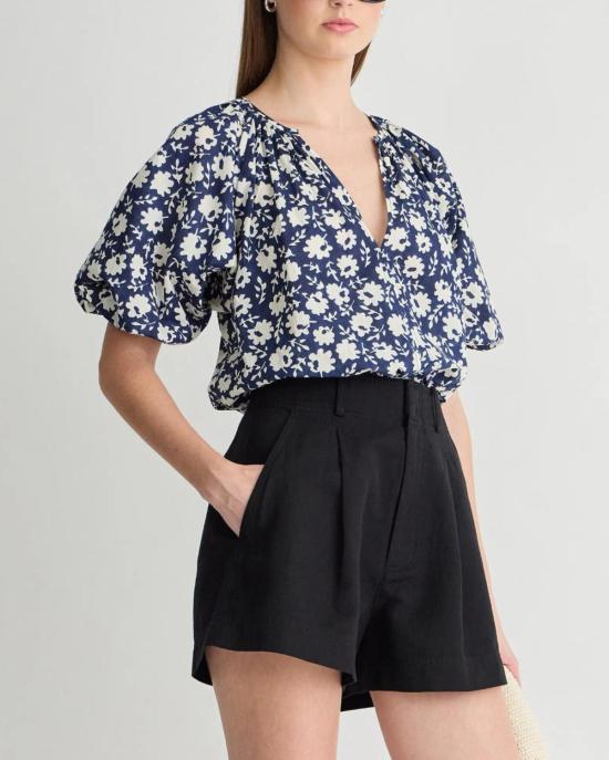  어피스 어파트 블라우스 Apiece Apart Nele Lantern Sleeve Top Navy Floral Stamp - APIECE APART