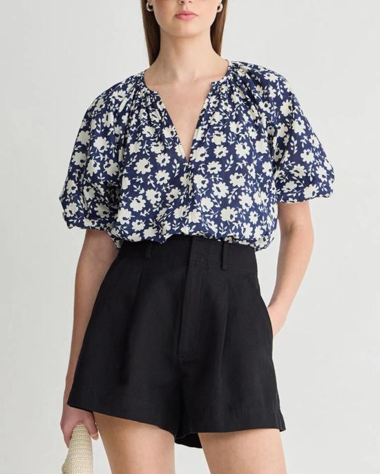  어피스 어파트 블라우스 Apiece Apart Nele Lantern Sleeve Top Navy Floral Stamp - APIECE APART