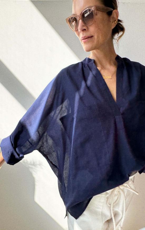  투 셔츠 네이비 핀스트라이프 긴팔 셔츠 두 벌 - TWO