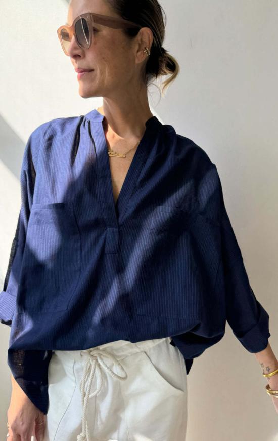  투 셔츠 네이비 핀스트라이프 긴팔 셔츠 두 벌 - TWO