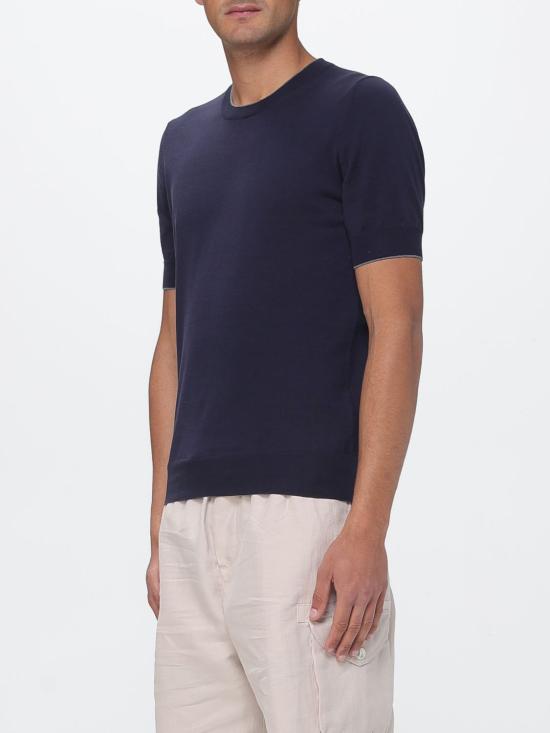26SS 브루넬로 쿠치넬리 콘트라스트 디테일 코튼 니트 티셔츠 M29805200 CET50 Blue - BRUNELLO CUCINELLI